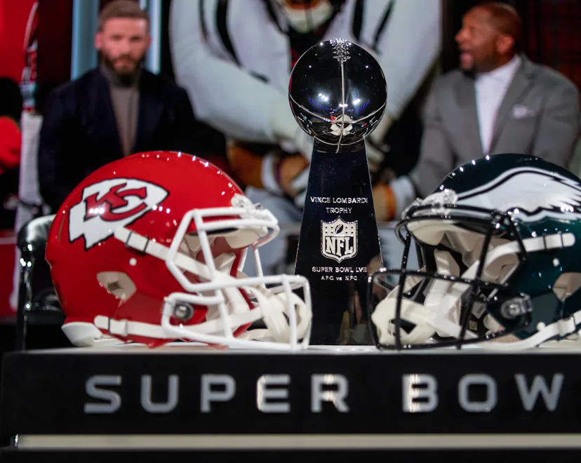 08 February 2023, USA, Phoenix: Super Bowl LVII, Roger Goodell press conference. The helmets of the ...