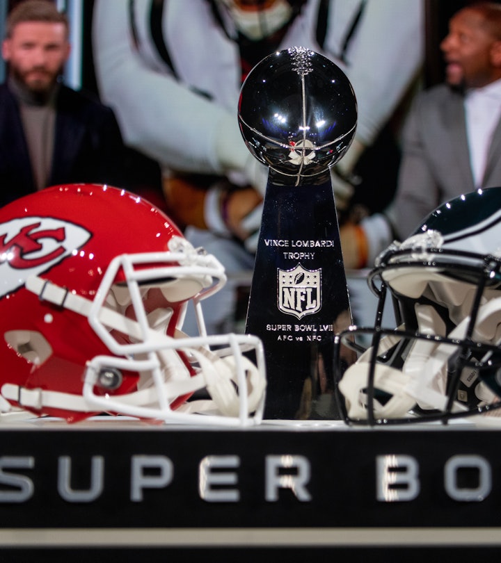 08 February 2023, USA, Phoenix: Super Bowl LVII, Roger Goodell press conference. The helmets of the ...
