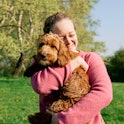 UK, Essex, woman holding her Cockapoo dog in a green field on an early spring morning