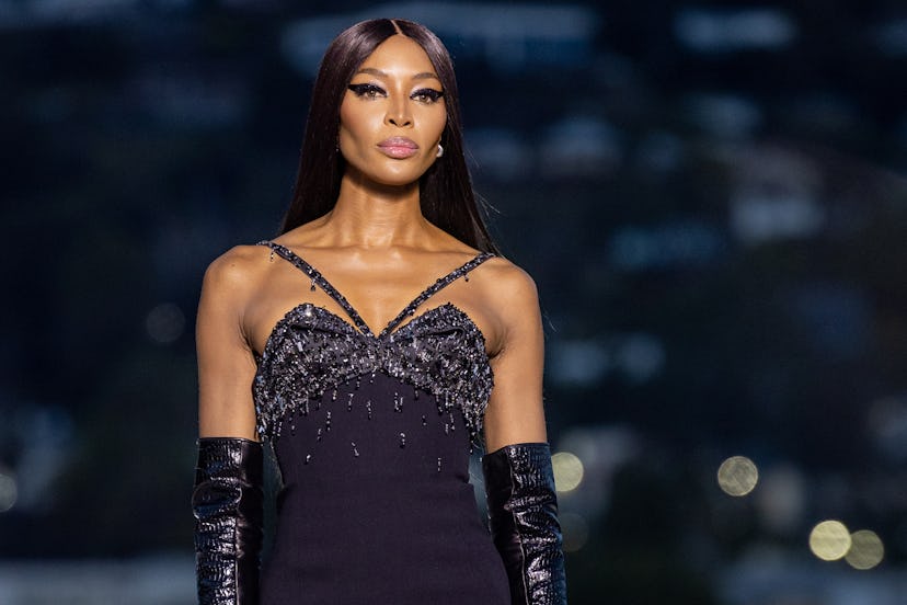 Naomi Campbell walks the runway during the Versace FW23 Show at Pacific Design Center on March 09, 2...