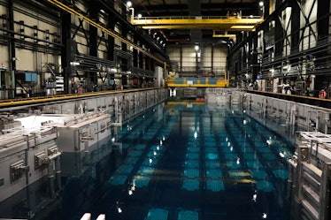 This photograph taken on December 14, 2022, shows a nuclear spent fuel pool (SFP) at the Orano la Ha...