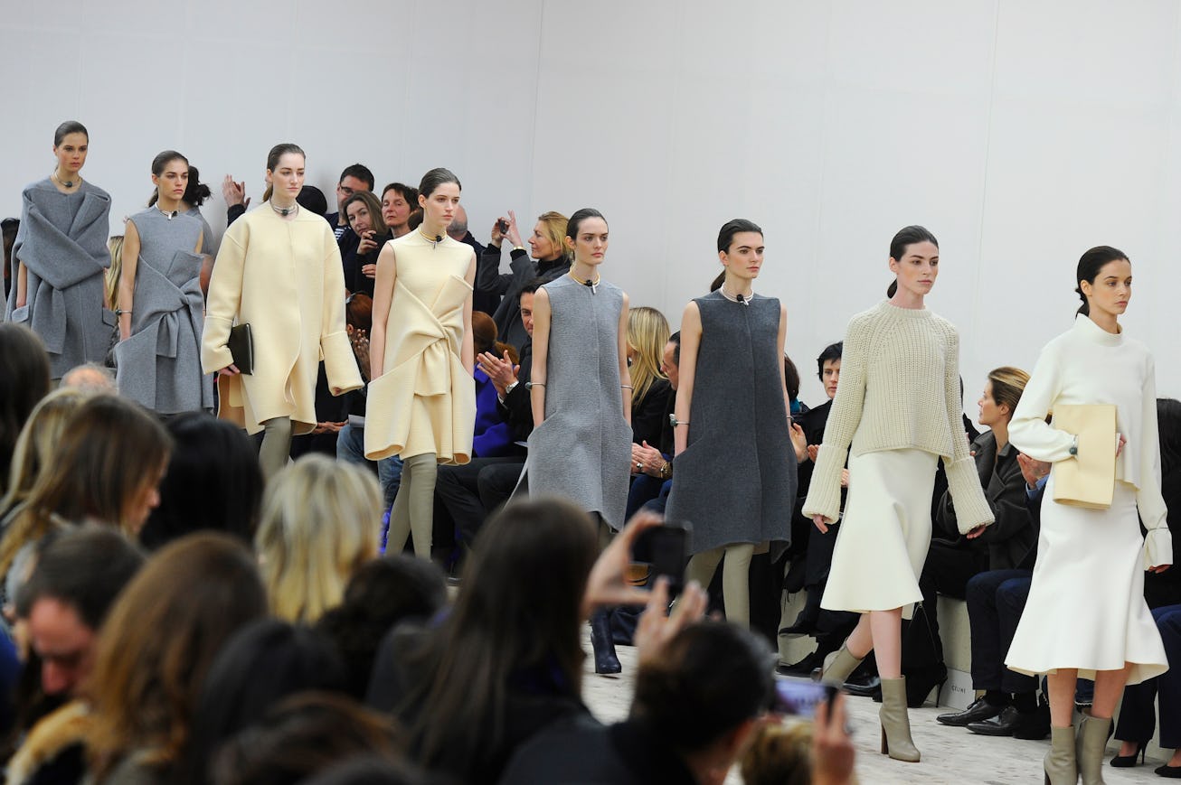 Models on the runway at Celine\'s fall 2013 show. (Photo by Giovanni Giannoni/WWD/Penske Media via G...