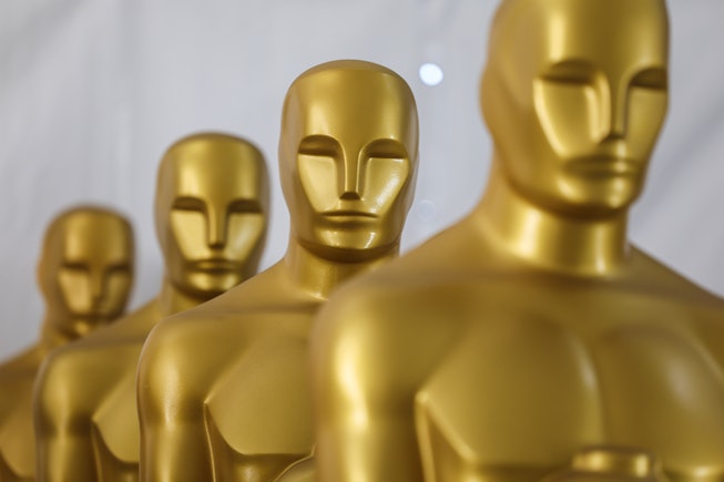 Los Angeles, CA, Thursday, March 9, 2023 - Oscar statues wait for touch-ups as work continues on Hol...