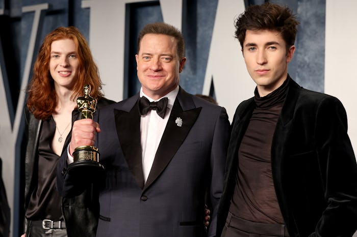 Leland Fraser, Brendan Fraser, and Holden Fraser attend the 2023 Vanity Fair Oscar Party.