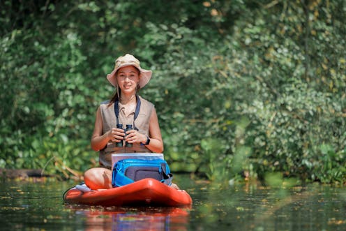Backpacker Thai woman sup board paddling on jungle lake, Tourists paddle board touring the river. ex...