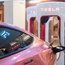 BANGKOK, THAILAND - 2023/02/16: A Tesla car is seen plugged into a Tesla Supercharger at Central Wor...