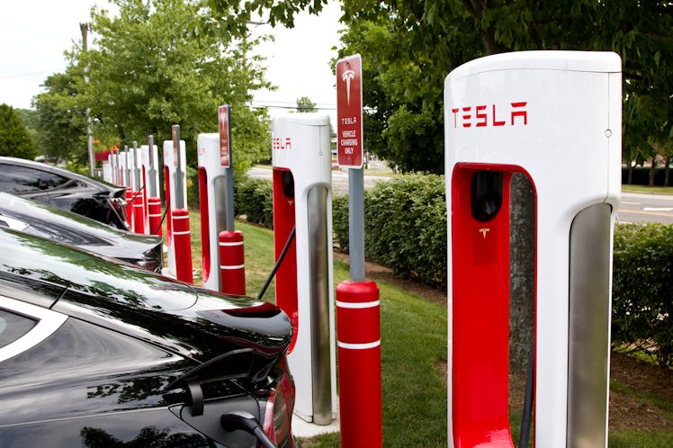 Woodcliff Lake, New Jersey - July 02, 2022: A Tesla electric car supercharger in a shopping mall par...