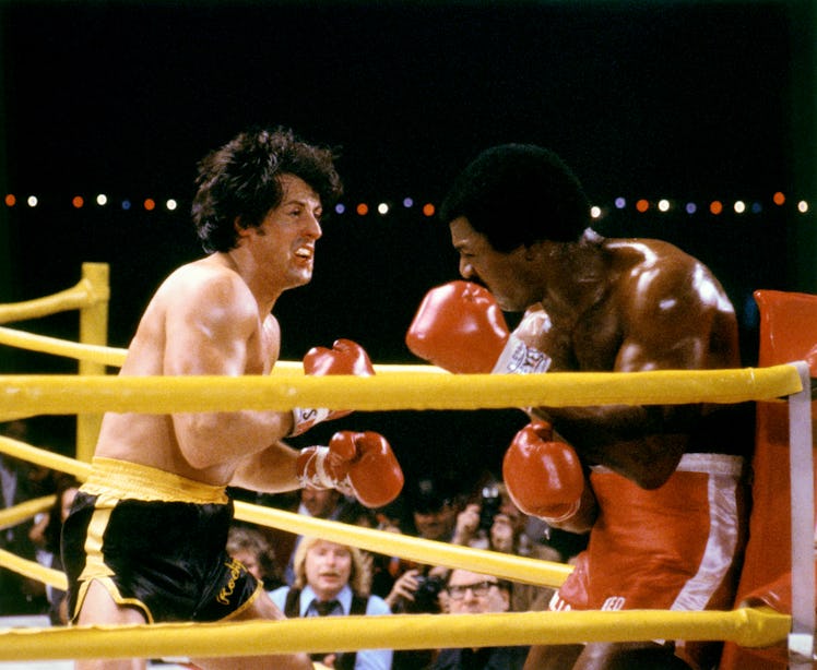 American actor Carl Weathers with actor, director and screenwriter Sylvester Stallone on the set of ...