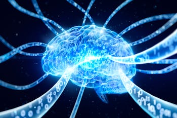 Brain connected to a flowing binary data tube on black background.