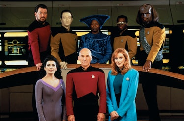 Promotional portrait of the cast of 'Star Trek: The Next Generation,' California, 1987. Pictured are...