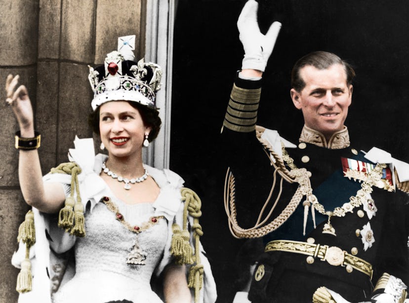 Queen Elizabeth II and the Duke of Edinburgh on the day of their coronation, Buckingham Palace, 1953...