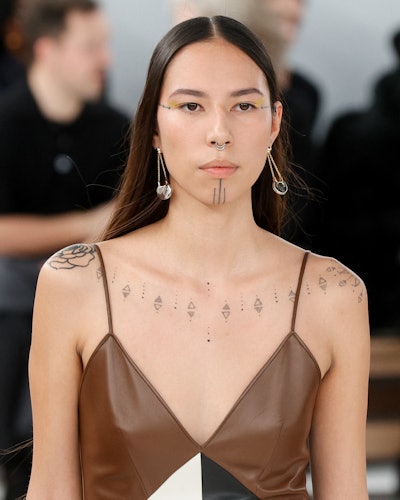 A model presents a creation from Chloe Womenswear Fall-Winter 2023-2024 collection during Paris Fash...