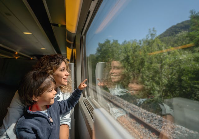 Portrait of a happy mother and son riding on the train and looking through the window while pointing...
