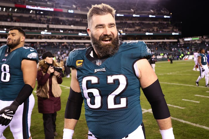 PHILADELPHIA, PENNSYLVANIA - JANUARY 21: Jason Kelce #62 of the Philadelphia Eagles celebrates on th...