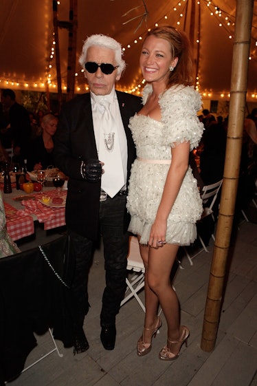 Karl Lagerfeld and actress Blake Lively arrive to the Chanel Resort dinner for the launch of Chanel'...