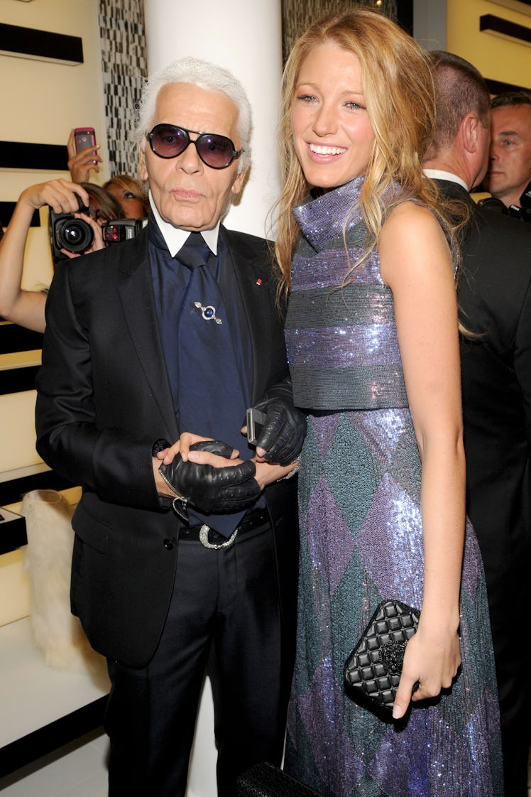 Karl Lagerfeld and Blake Lively attend CHANEL Soho Boutique Opening Party at Chanel Soho on Septembe...
