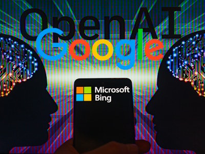 Google - OpenAI  displayed on screen with Microsoft Bing on mobile seen in this photo illustration. ...