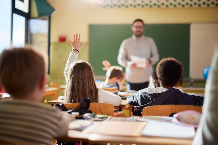 Rear view of schoolgirl raising her hand to answer the teacher's question on a class at elementary s...