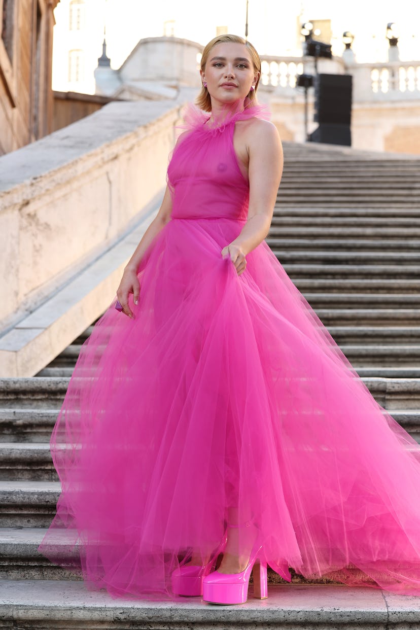 Florence Pugh wore a pink sheer gown at the Valentino Haute Couture Fall/Winter 22/23 fashion show.