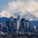 LOS ANGELES, CA - MARCH 01: Clouds hover in the background of downtown Los Angeles skyline on March ...