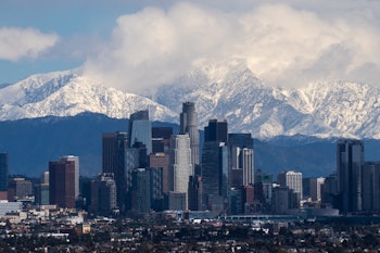 LOS ANGELES, CA - MARCH 01: Clouds hover in the background of downtown Los Angeles skyline on March ...