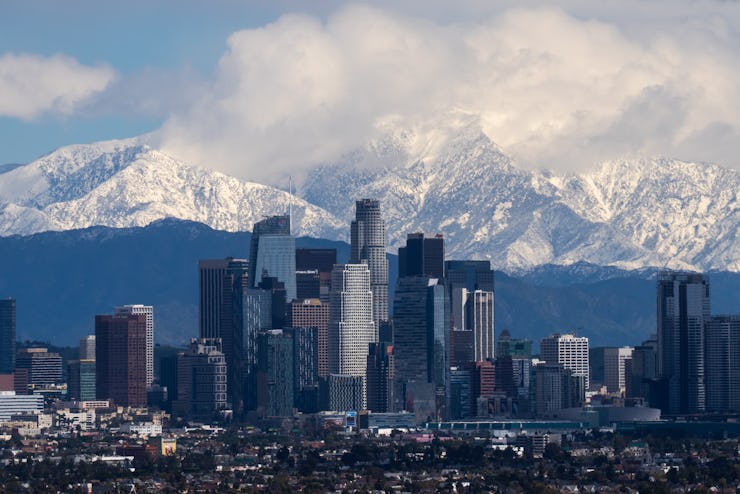 LOS ANGELES, CA - MARCH 01: Clouds hover in the background of downtown Los Angeles skyline on March ...