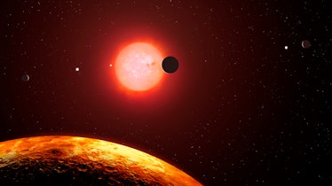 image of 6 planets scattered in front of a red sun, with the curve of a seventh planet in the foregr...