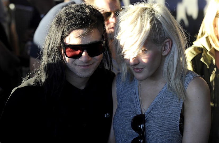 INDIO, CA - APRIL 15: Skrillex (L) and Ellie Goulding attend Day 3 of the 2012 Coachella Valley Musi...