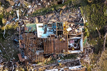 TOPSHOT - Aerial view of a destroyed neighborhood in Rolling Fork, Mississippi, after a tornado touc...
