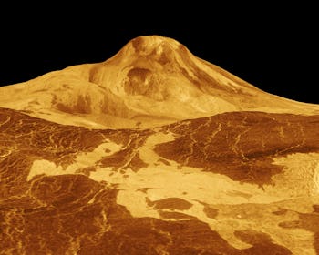 Maat Mons is displayed in this three-dimensional perspective view of the surface of Venus. Magellan....