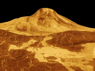 Maat Mons is displayed in this three-dimensional perspective view of the surface of Venus. Magellan....