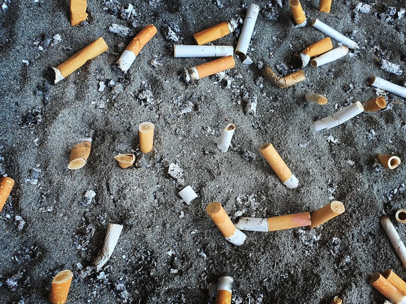 Cigarettes in public bin with ashtray