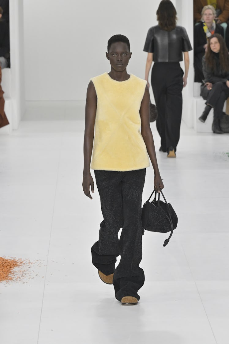 Model on the runway at Loewe Fall 2023 Ready To Wear Fashion Show on March 3, 2023 at Chateau de Vin...