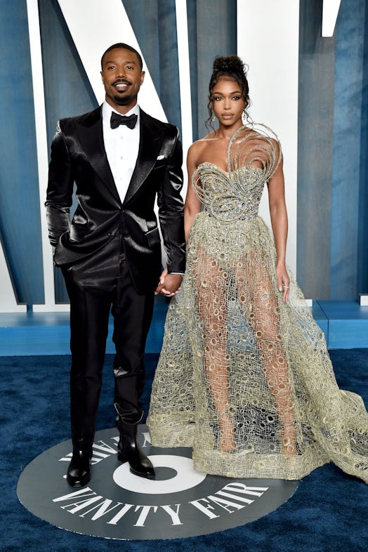 BEVERLY HILLS, CALIFORNIA - MARCH 27: (L-R) Michael B. Jordan and Lori Harvey attend the 2022 Vanity…