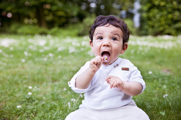 baby boy holding dandelion in article about names for baby boys born in april