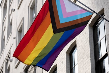 Pride Progress flag in Soho on 16th November 2022 in London, United Kingdom. The flag includes the r...