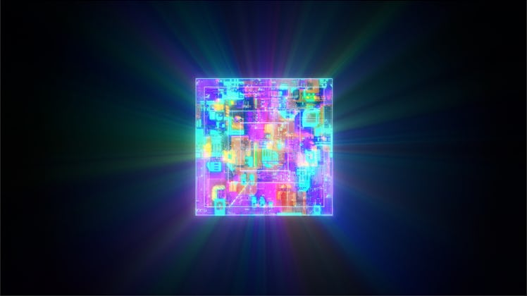 Futuristic CPU with glowing rays of power coming from the inside. Isolated on black background