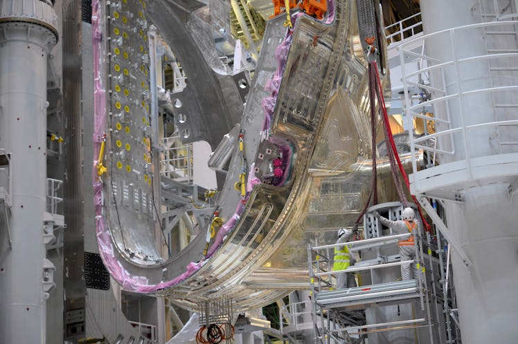 Engineers work on a module being assembled at the international nuclear fusion project Iter in Saint...