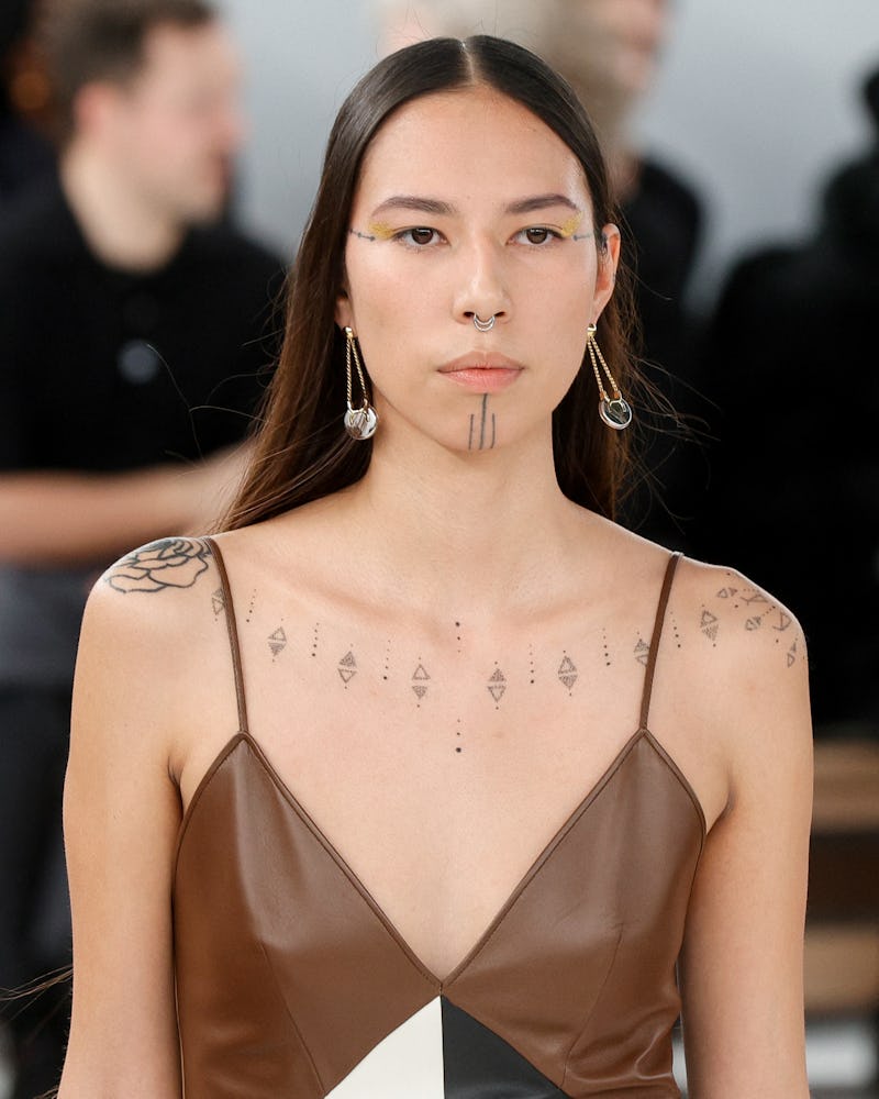Indigenous US model Quannah Chasinghorse presents a creation from Chloe Womenswear Fall-Winter 2023-...