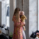 Danish model Caroline Brasch Nielsen at the Stine Goya backstage with her baby before Stine Goya sho...