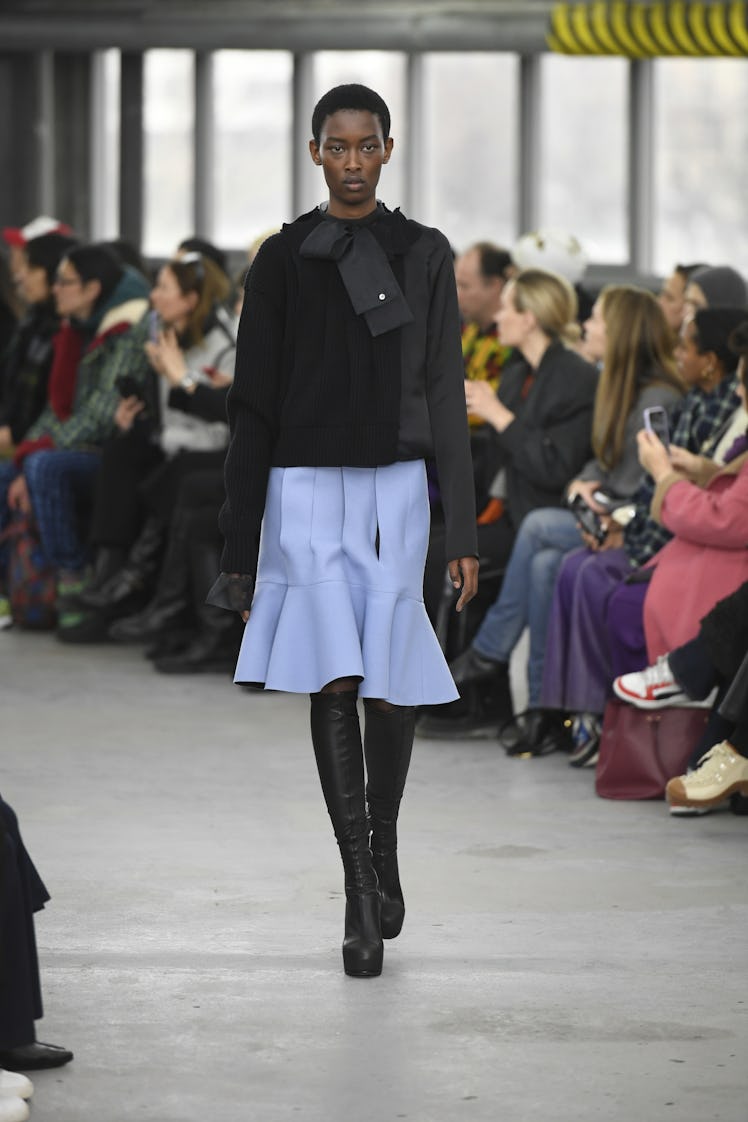 Model on the runway at Sacai Fall 2023 Ready To Wear Fashion Show on March 6, 2023 in Paris, France....