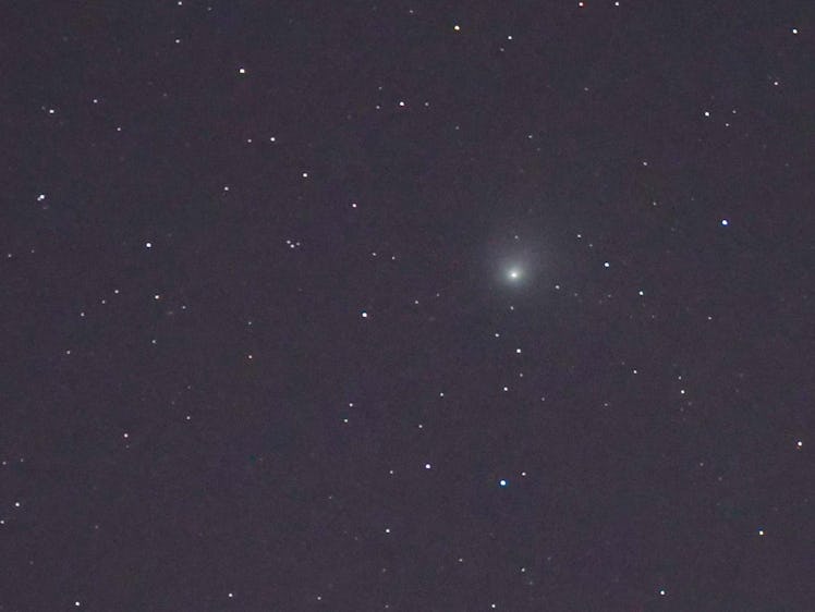 A view of the rare comet, C/2022 E3 (ZTF), over the night sky of the town of Veliko Tarnovo, the com...