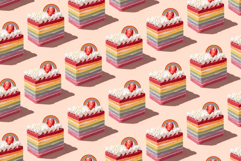 Rainbow Cake Repetition Pattern on Peach Pink Colored Background.