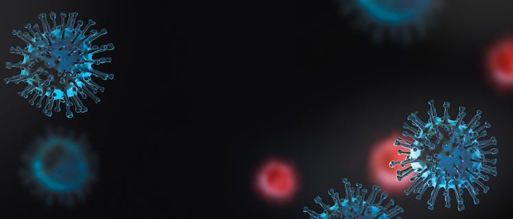 Covid-19 virus, coronavirus, virus floating in a cellular environment. 3D rendering. Free space for ...
