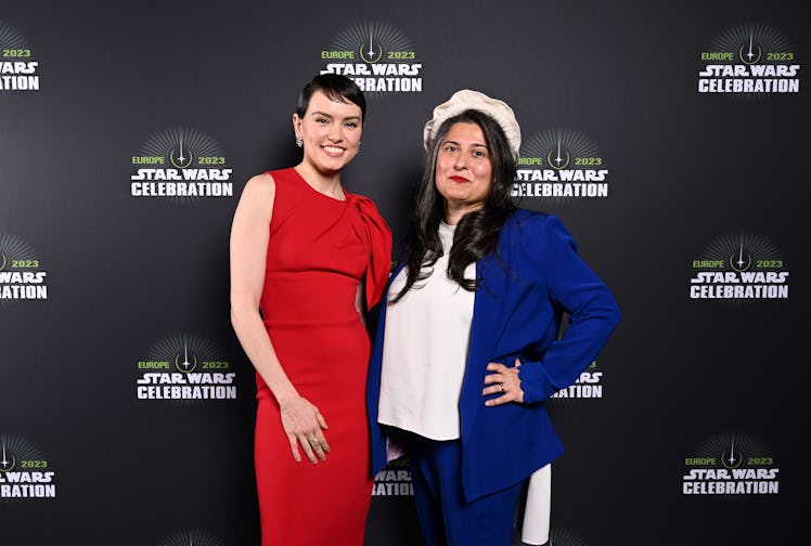 LONDON, ENGLAND - APRIL 07: Daisy Ridley and Sharmeen Obaid-Chinoy attend the studio panel at Star W...