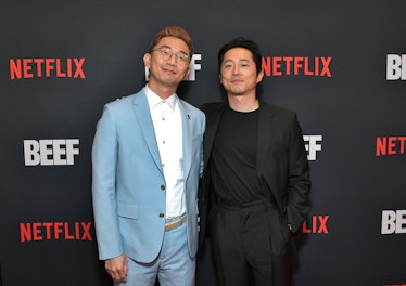 LOS ANGELES, CALIFORNIA - MARCH 30: (L-R) Lee Sung Jin and Steven Yeun attend Netflix's Los Angeles ...