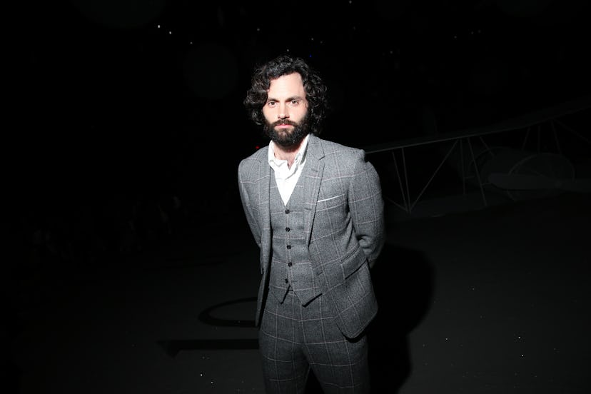 Penn Badgley in the front row at Thom Browne Fall 2023 Ready To Wear Fashion Show at The Shed on Feb...
