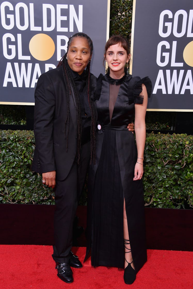 Imkaan Executive Director Marai Larasi (L) and actor Emma Watson attend The 75th Annual Golden Globe...