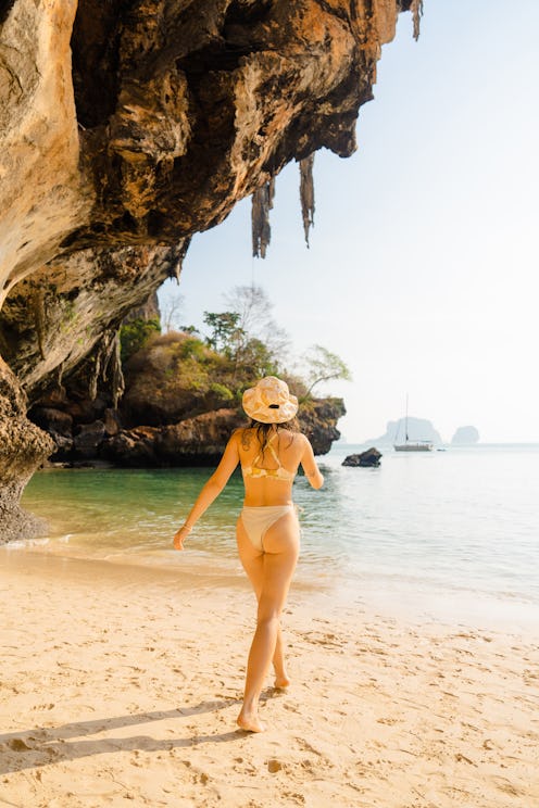 Young Caucasian  cheerful woman on Railey beachin Krabi