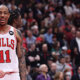 TORONTO, ON- APRIL 12 - Chicago Bulls forward DeMar DeRozan (11) celebrates after the Toronto Rapto...